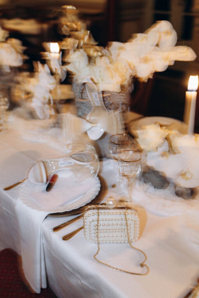 elegant modern wedding table setting with refined decor and glassware